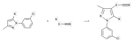 1H-Pyrazol-5-amine,1-(3-chlorophenyl)-3-methyl- can be used to produce 2-(3-chloro-phenyl)-5-methyl-4-thiocyanato-2H-pyrazol-3-ylamine at the temperature of 8°C